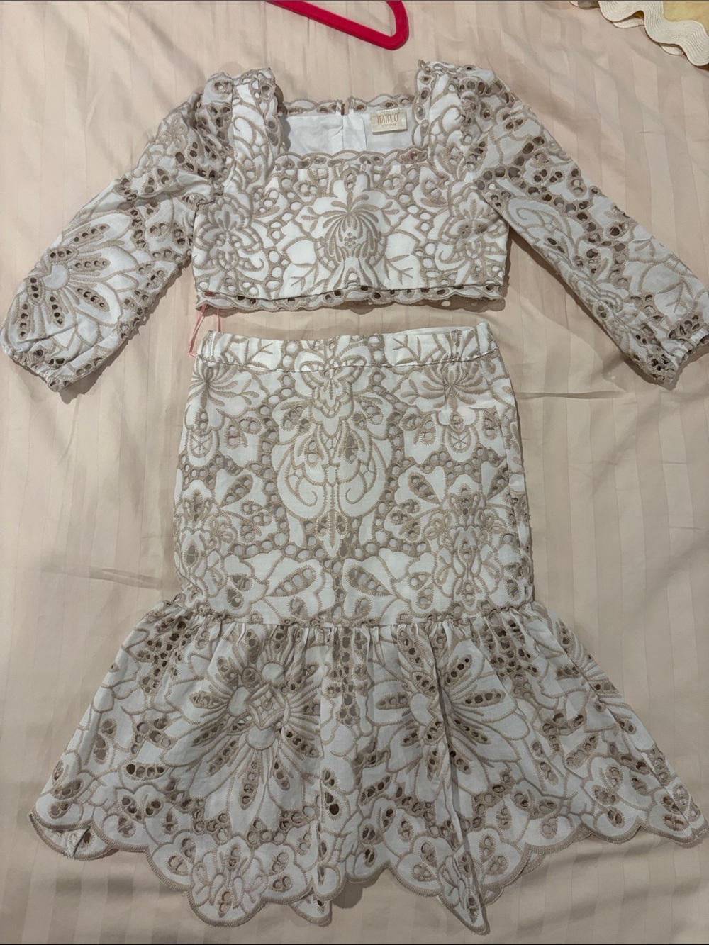 MARLO Girls White and Beige Lace Two-Piece skirt and top  Set